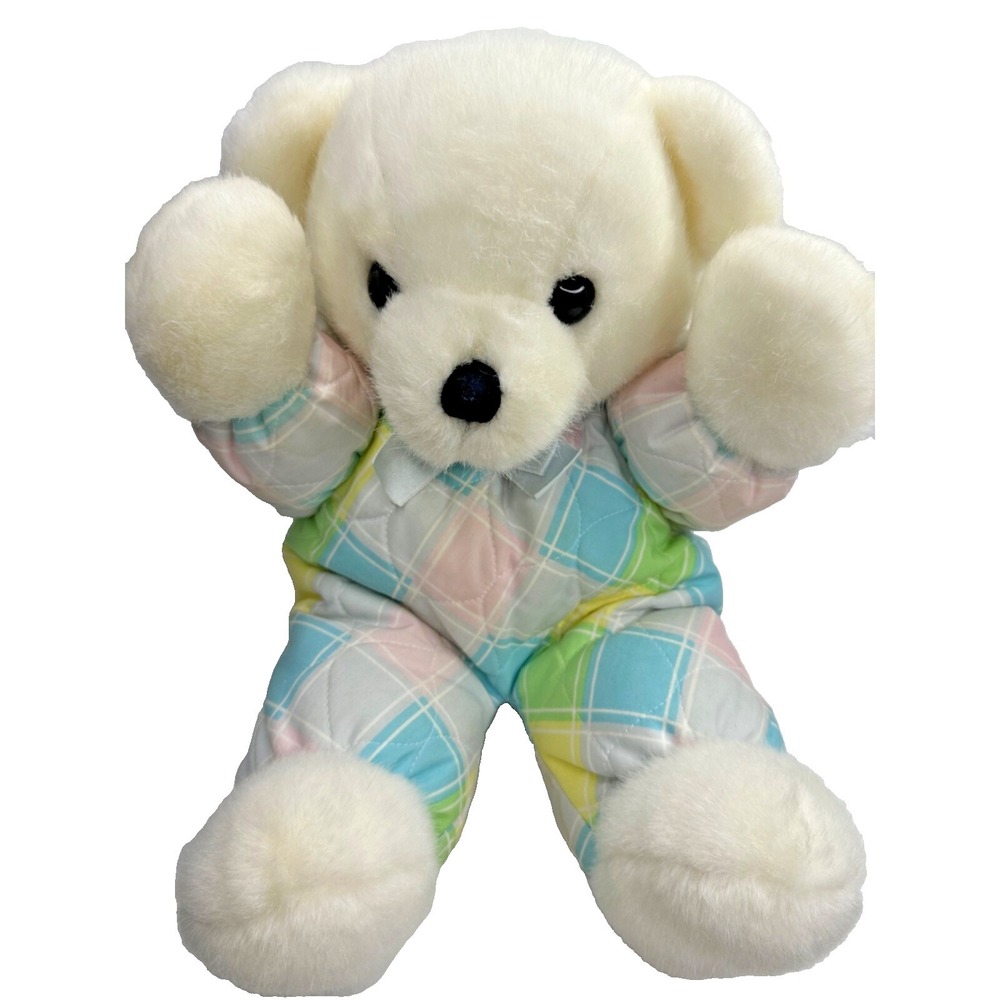 Dakin Cuddles Teddy Bear Plush Pastel Plaid Pink Blue Green 1979 White 16" VTG